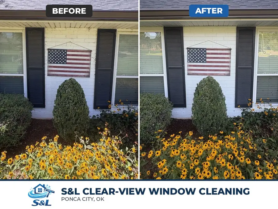 Before-and-after graphic: the same white brick house with black shutters and a flag, side by side under Before and After labels, over an S&L Clear-View Window Cleaning banner