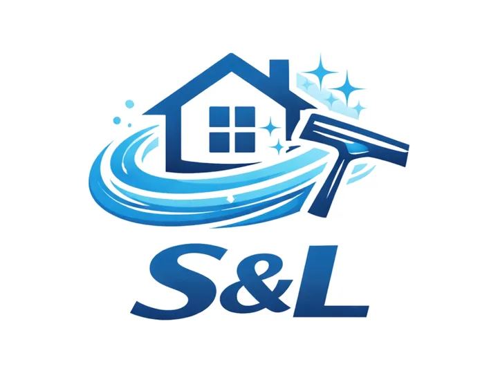 S&L Clear-View Window Cleaning logo: a blue house with a four-pane window, a squeegee and sparkles above the letters S&L