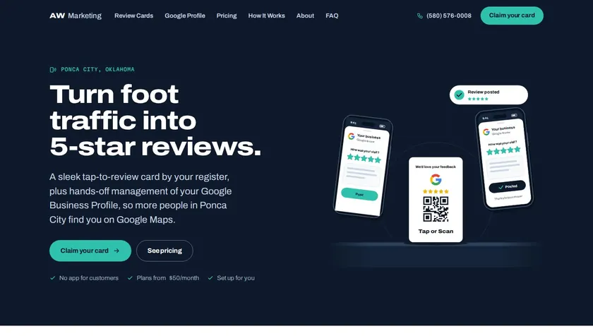 AW Marketing website — dark navy homepage with a printed review card between two phones showing a Google review screen