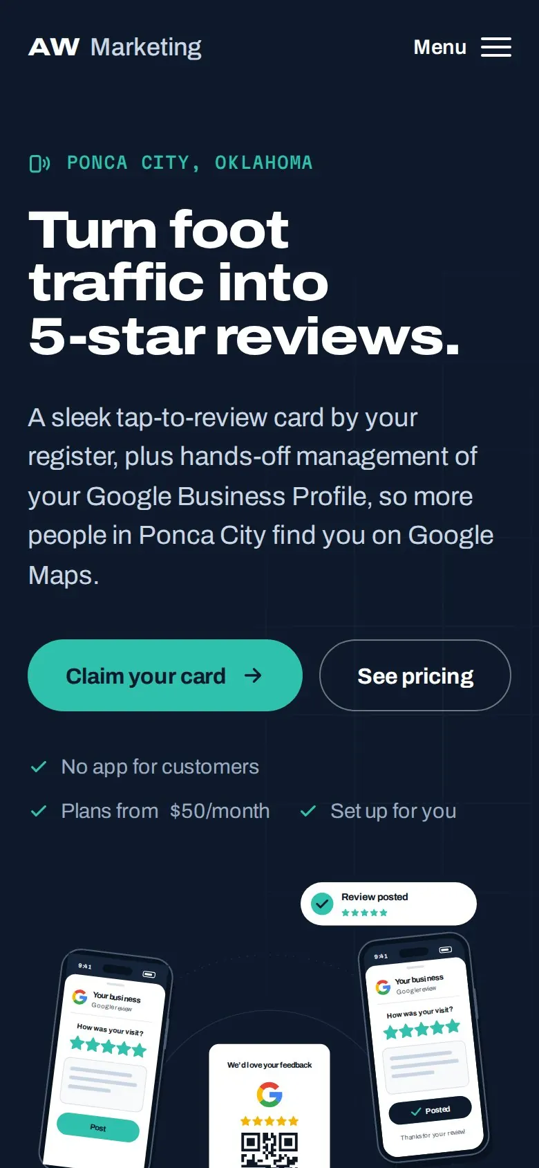 AW Marketing homepage at phone width, 390 pixels