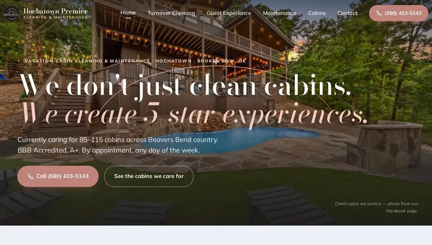 Hochatown Premier Cleaning website — cabin turnover cleaning homepage in charcoal and rose gold