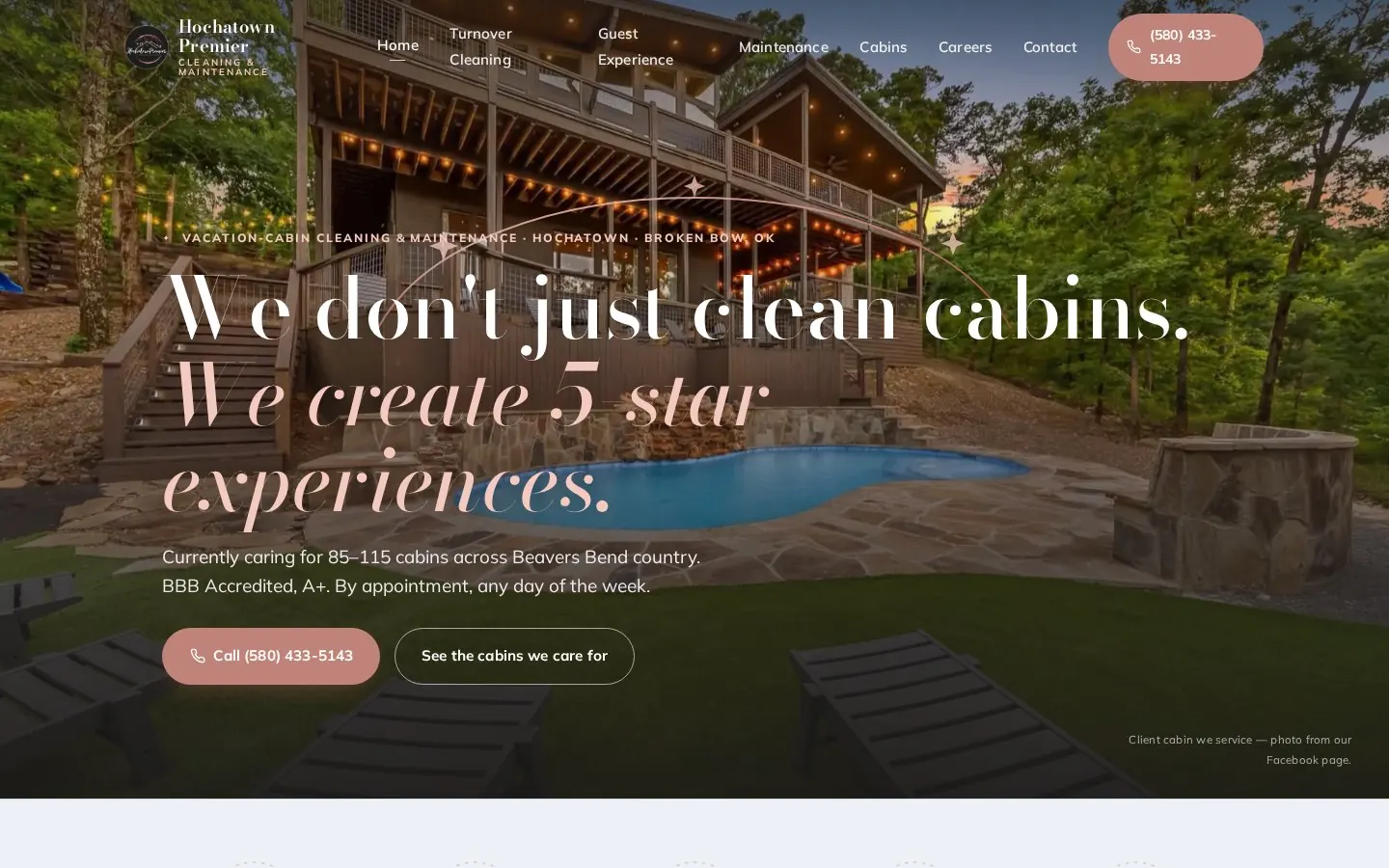 Hochatown Premier Cleaning homepage at desktop width, 1440 pixels